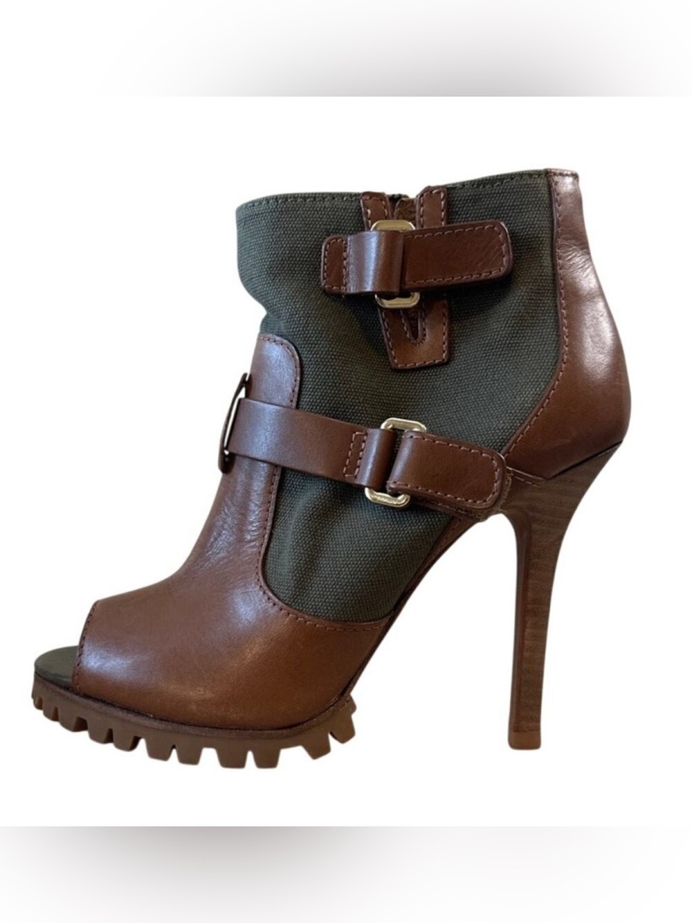 Tory Burch Oren Peep Toe‎ Booties Olive Brown Leather 8